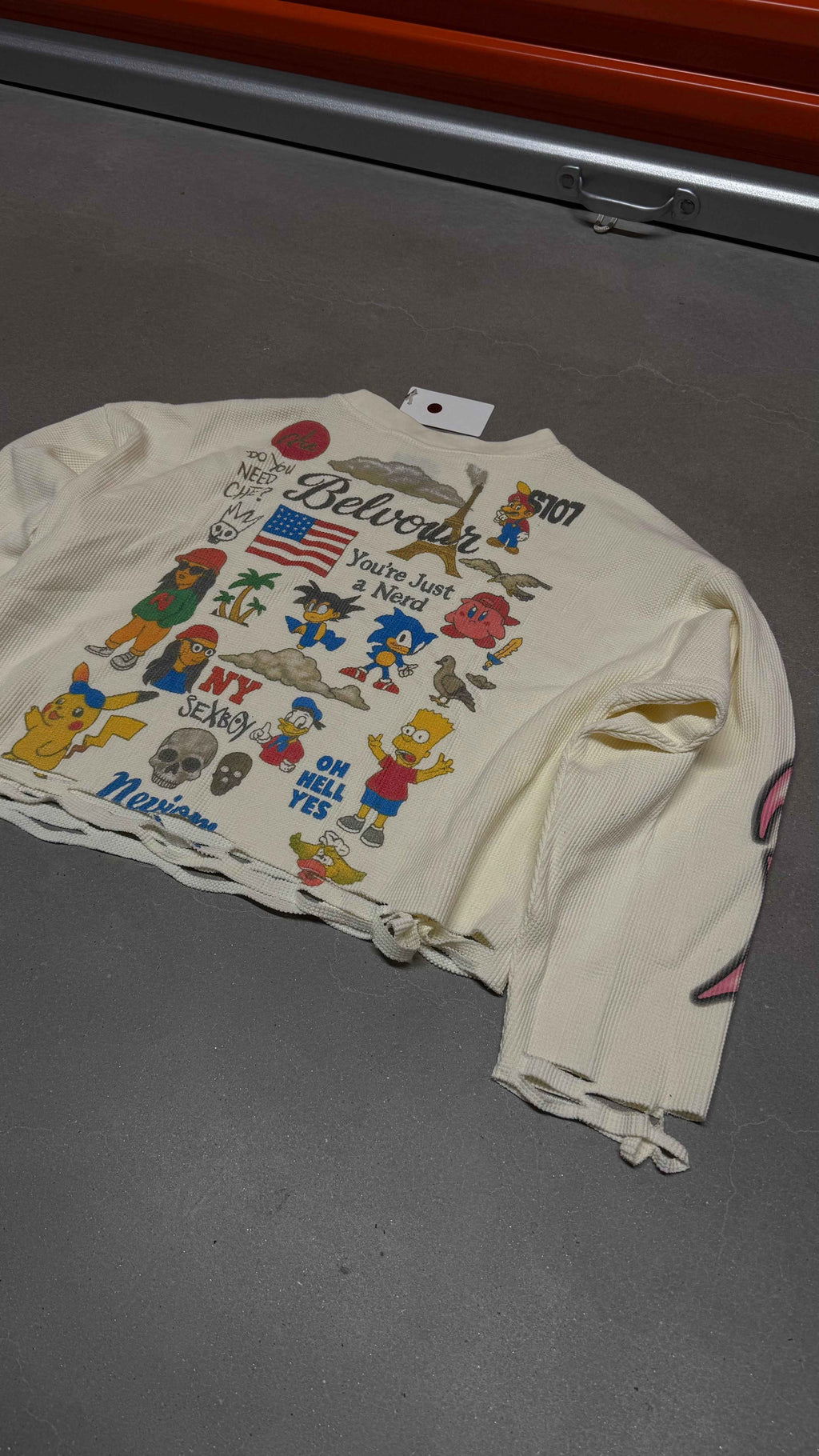 Rebel Riot Cartoon Archive Thermal Cropped Long Sleeve Shirt Oversized Fit Y2K Streetwear