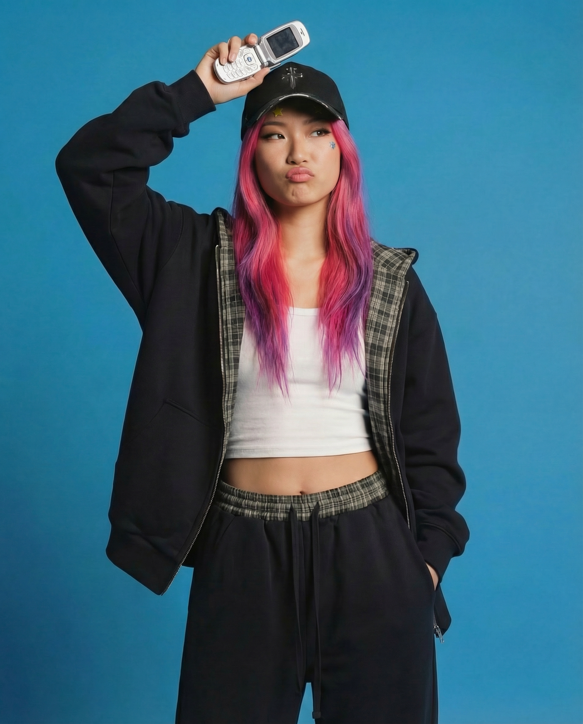 Plaid Waistband Barrel Oversized Y2K Flared Black Sweatpants
