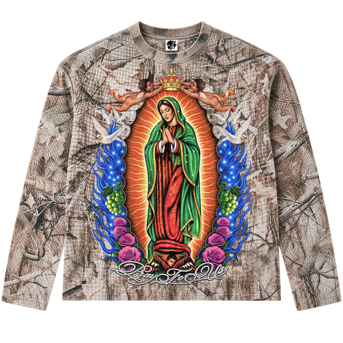 Neniom Pray For Us Camo Waffle Boxy Long Sleeve Thermal Oversized Sweater Graphic Tee Streetwear Y2K