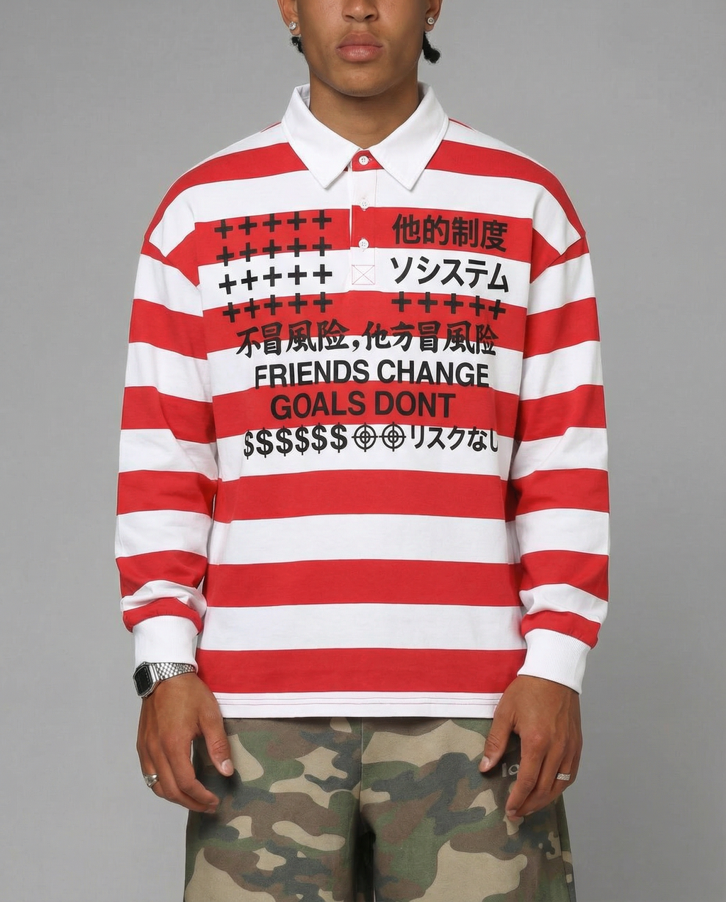 Friends Change, Money Don't Collared Color Block Stripe Polo Shirt Y2K White / Red / Black