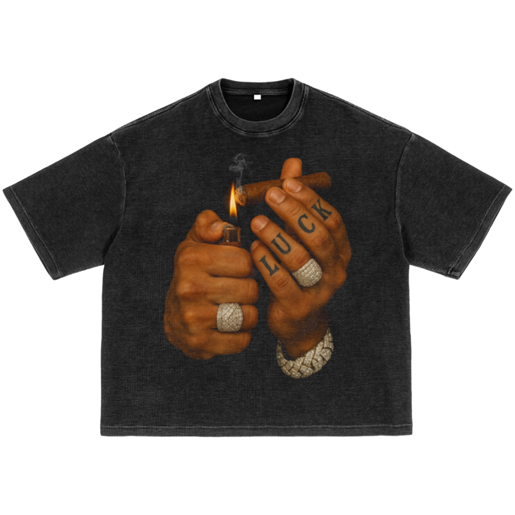 Luck Light Up Pack Waffle-Texture Washed Boxy T-Shirt Unisex Graphic Smoke