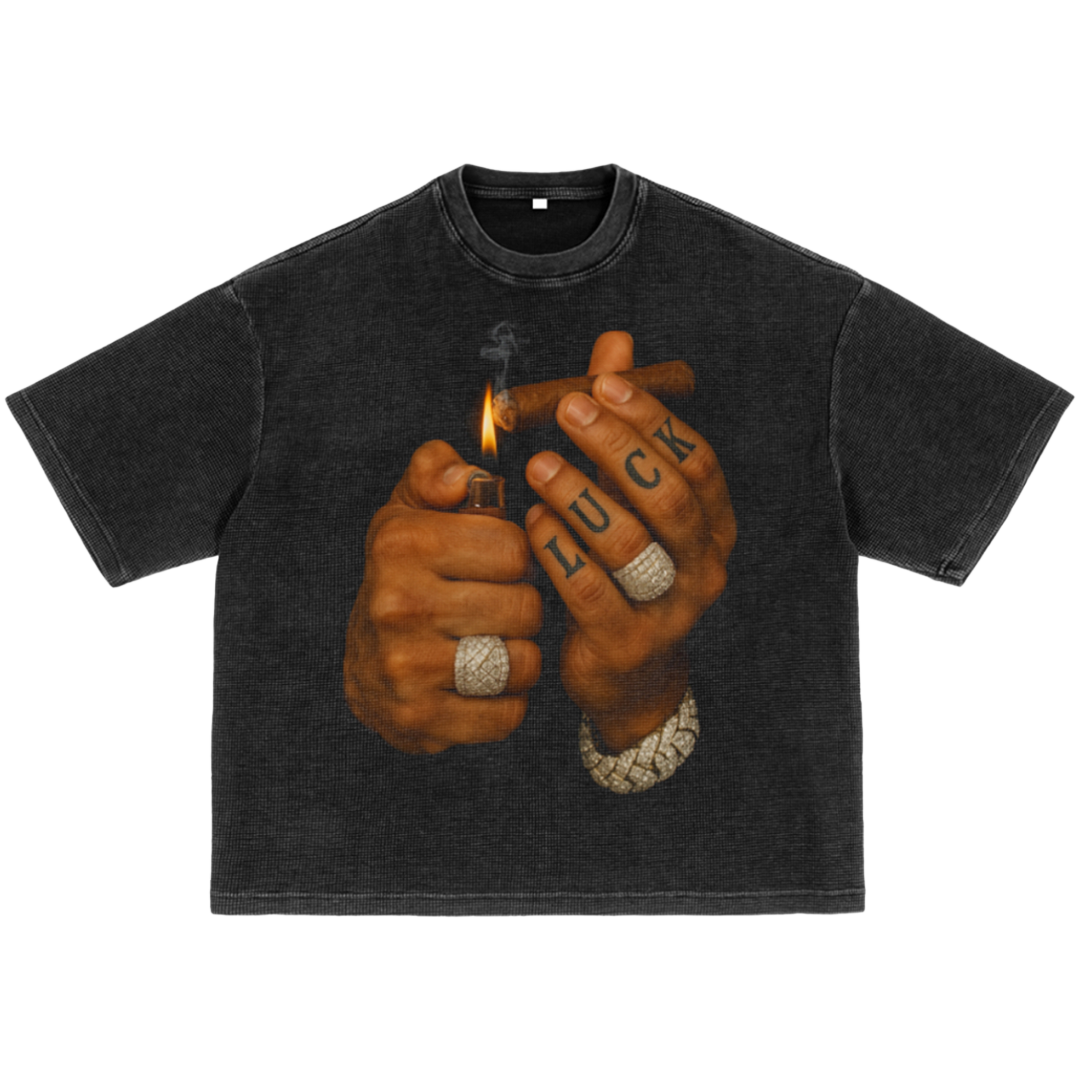 Luck Light Up Pack Waffle-Texture Washed Boxy T-Shirt Unisex Graphic Smoke