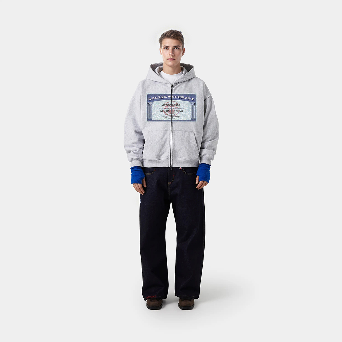 Social Security Card Cropped Double-Zip Boxy Hoodie | Streetwear Hoodies | Y2K Zip Ups | Unisex Graphic Zip Up| Oversized