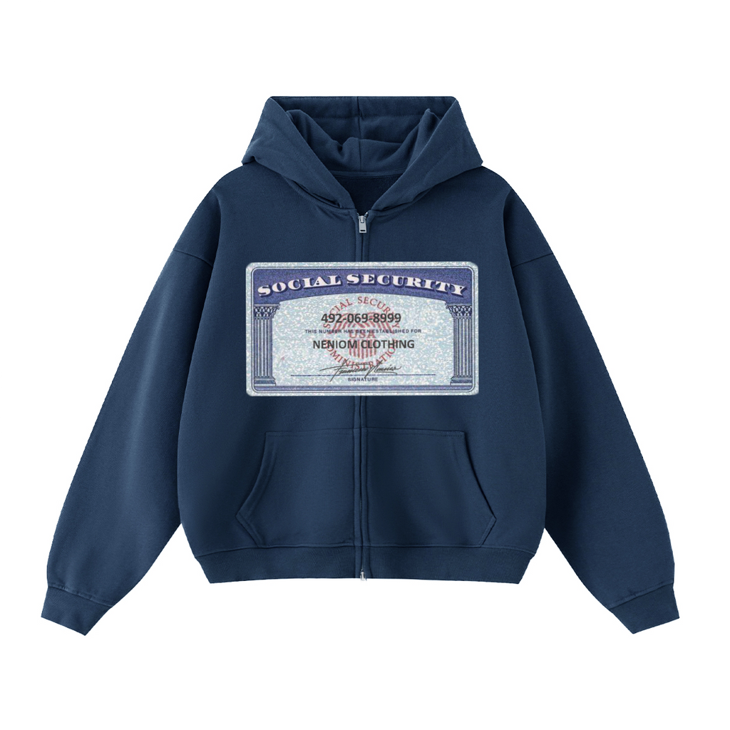 Social Security Card Cropped Double-Zip Boxy Hoodie | Streetwear Hoodies | Y2K Zip Ups | Unisex Graphic Zip Up| Oversized
