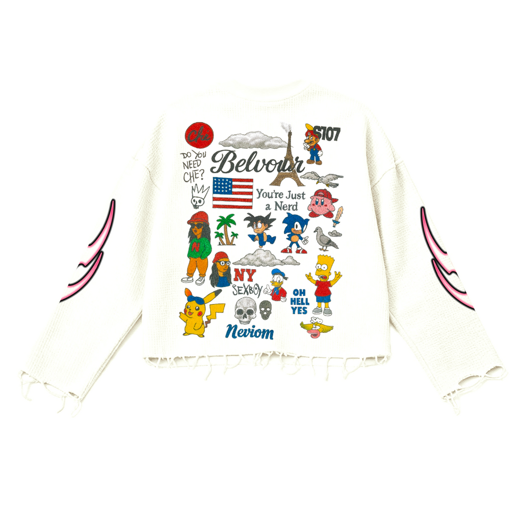 Rebel Riot Cartoon Archive Thermal Cropped Long Sleeve Shirt Oversized Fit Y2K Streetwear