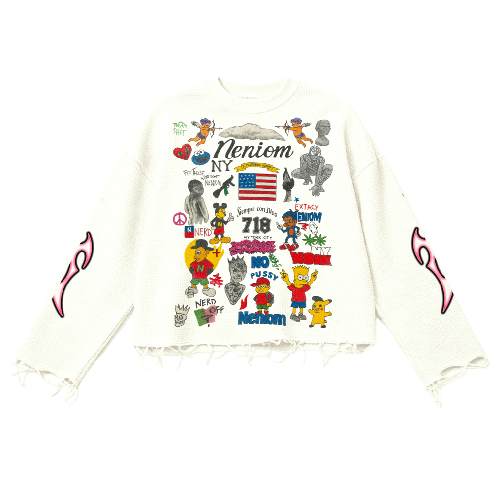 Rebel Riot Cartoon Archive Thermal Cropped Long Sleeve Shirt Oversized Fit Y2K Streetwear