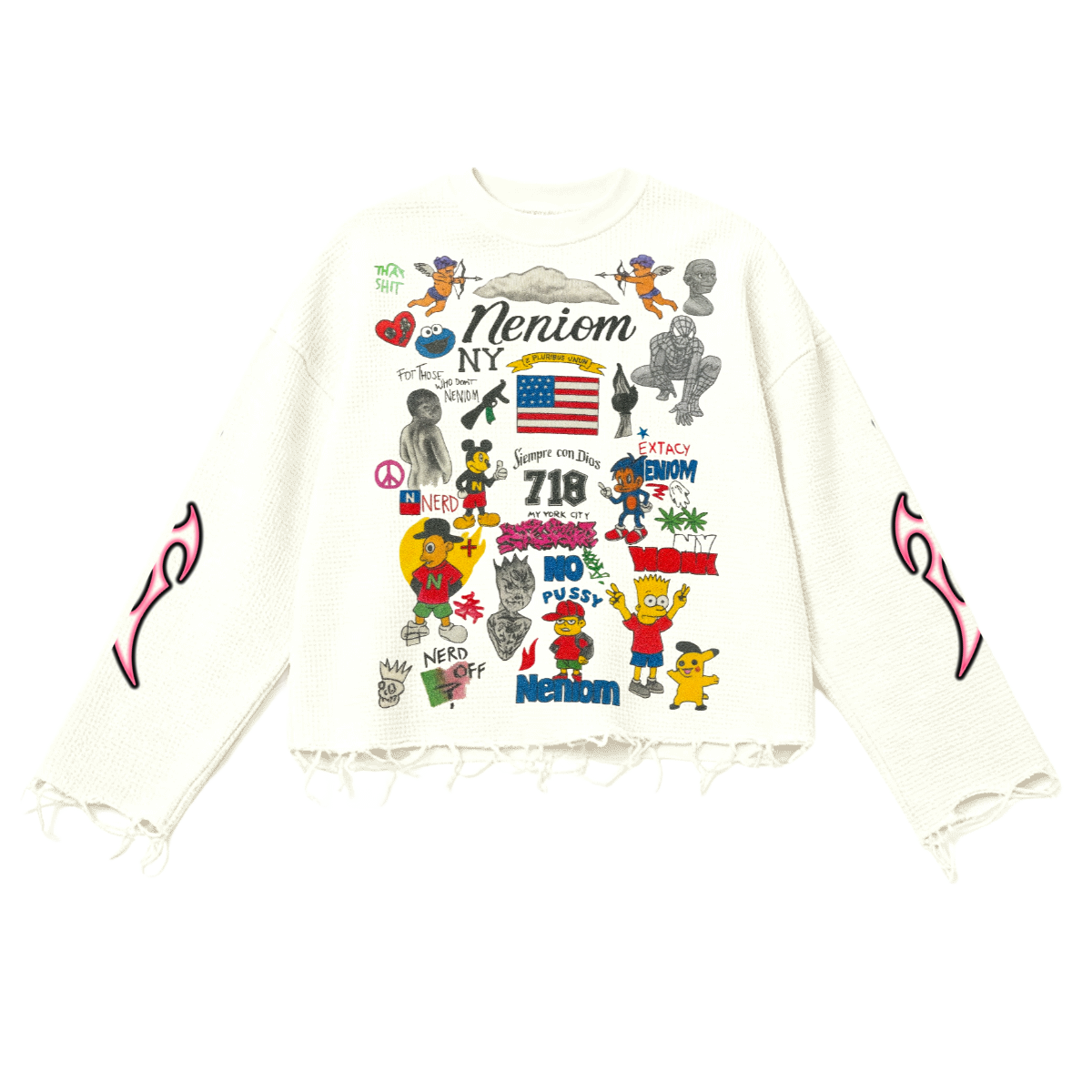 Rebel Riot Cartoon Archive Thermal Cropped Long Sleeve Shirt Oversized Fit Y2K Streetwear