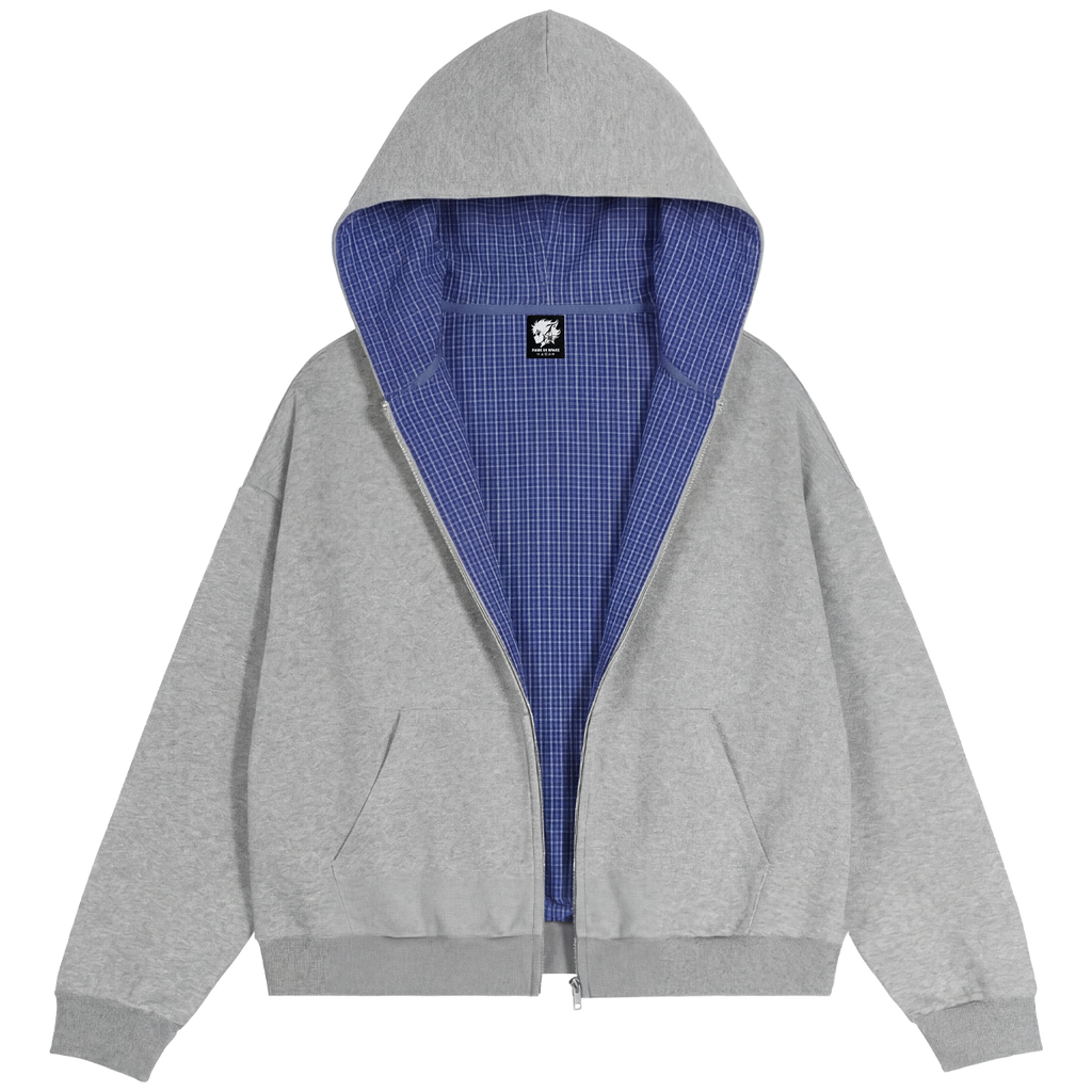 Lazy Boy Contrast Plaid Boxy Zip Up Gray Hoodie