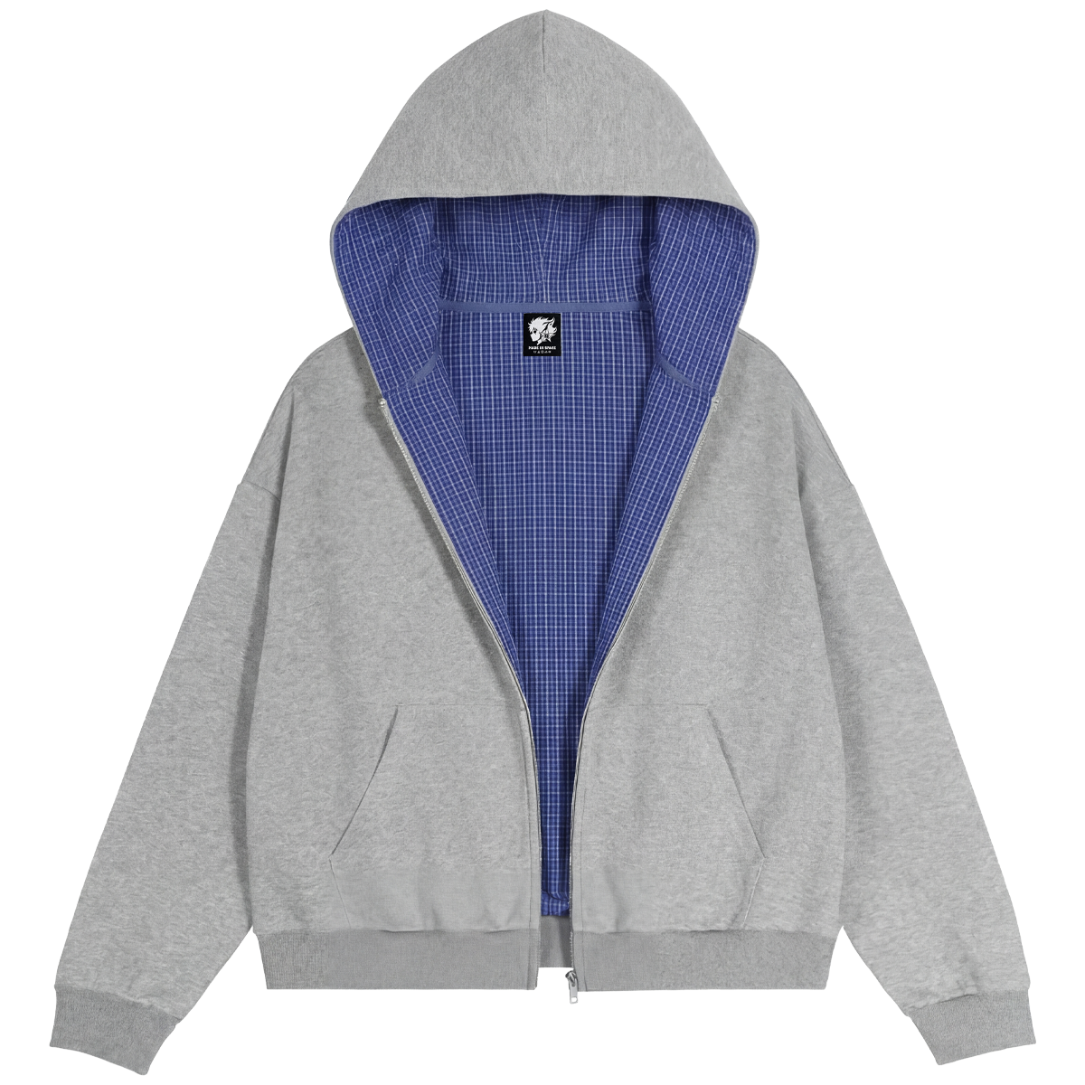 Lazy Boy Contrast Plaid Boxy Zip Up Gray Hoodie