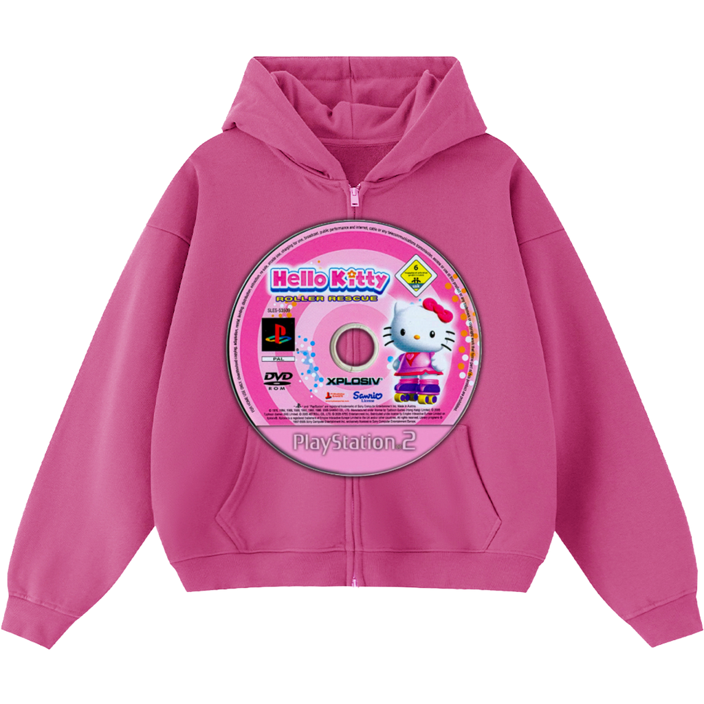 Hello Kitty Game Disc Cropped Zip-Up Boxy Hoodie | Streetwear Hoodies | Y2K Video Game Hooded Sweatshirt | Unisex Graphic Zip Ups | Oversized
