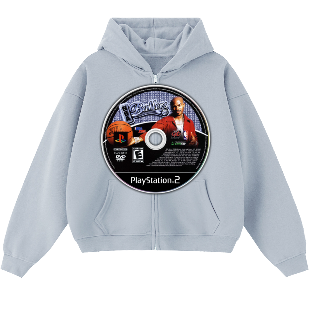 Ballers Game Disc Cropped Zip-Up Boxy Hoodie | Streetwear Hoodies | Y2K Hooded Sweatshirt | Unisex Graphic Zip Ups | Oversized