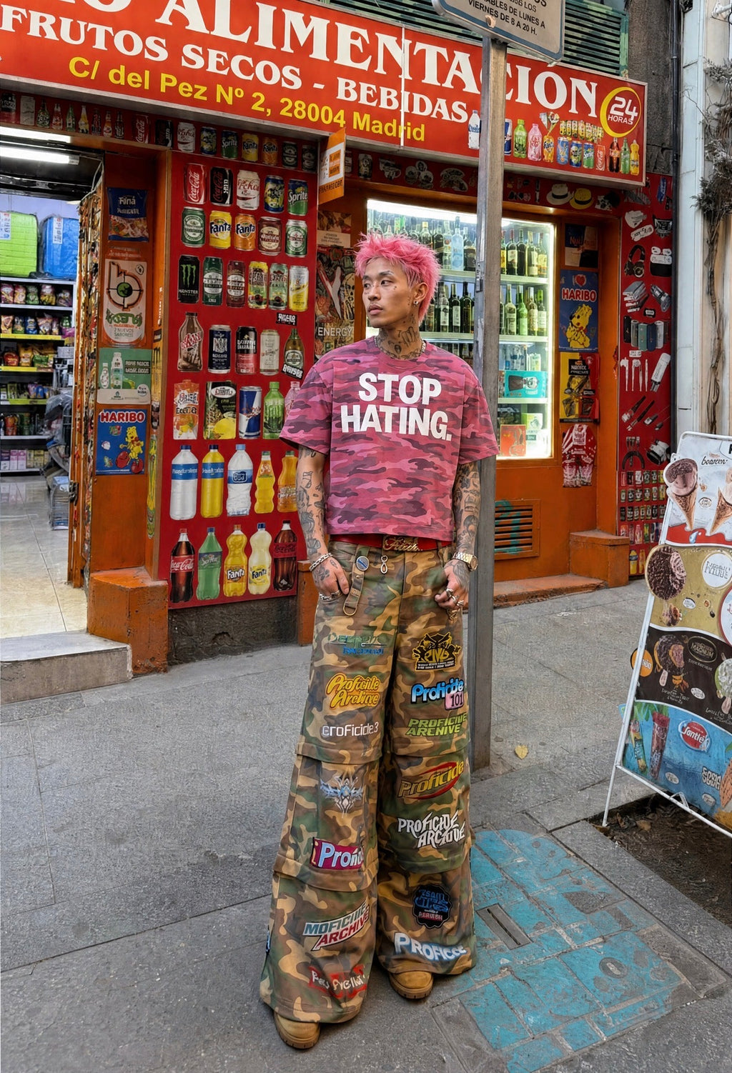 "STOP HATING" Urban Pink Camouflage Cropped Oversized Shirt Streetwear Boxy Tee