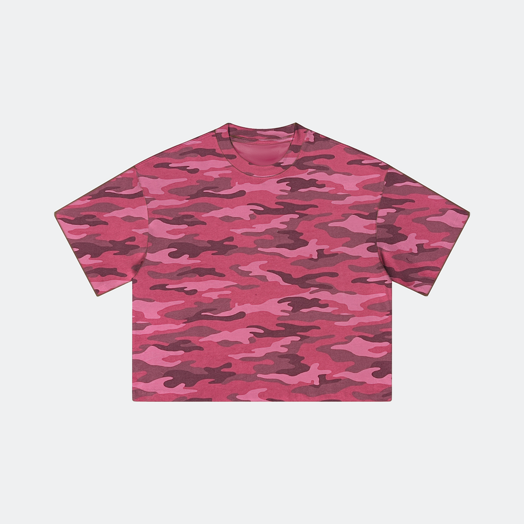 "STOP HATING" Urban Pink Camouflage Cropped Oversized Shirt Streetwear Boxy Tee
