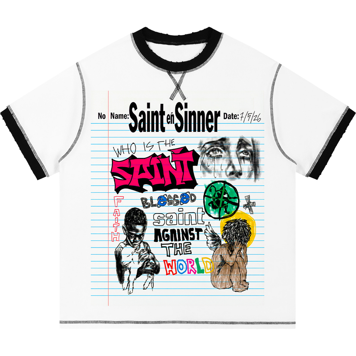 Saint Sinner Contrast-Stitched Cotton Ringer T-Shirt Streetwear Y2K