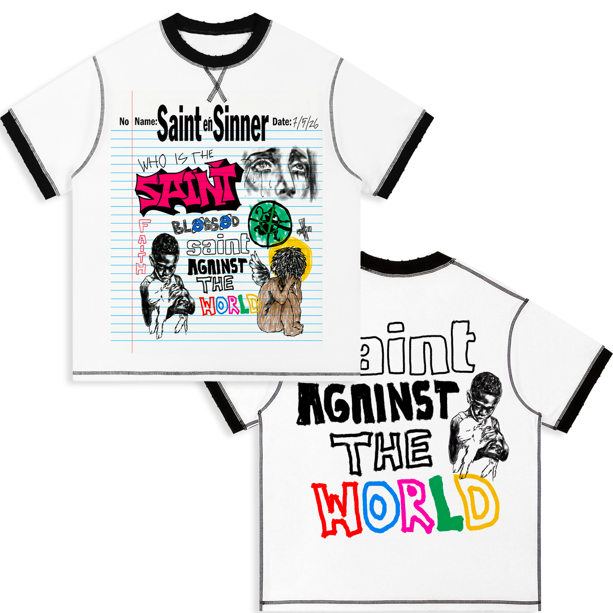 Saint Sinner Contrast-Stitched Cotton Ringer T-Shirt Streetwear Y2K