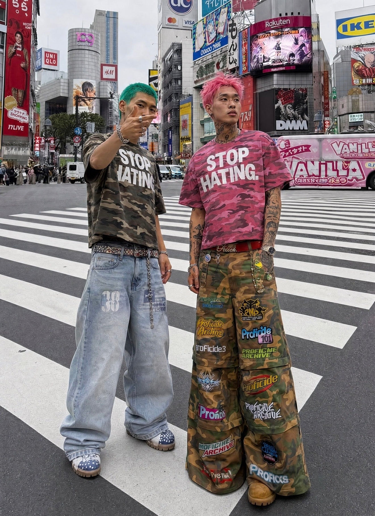 "STOP HATING" Urban Pink Camouflage Cropped Oversized Shirt Streetwear Boxy Tee