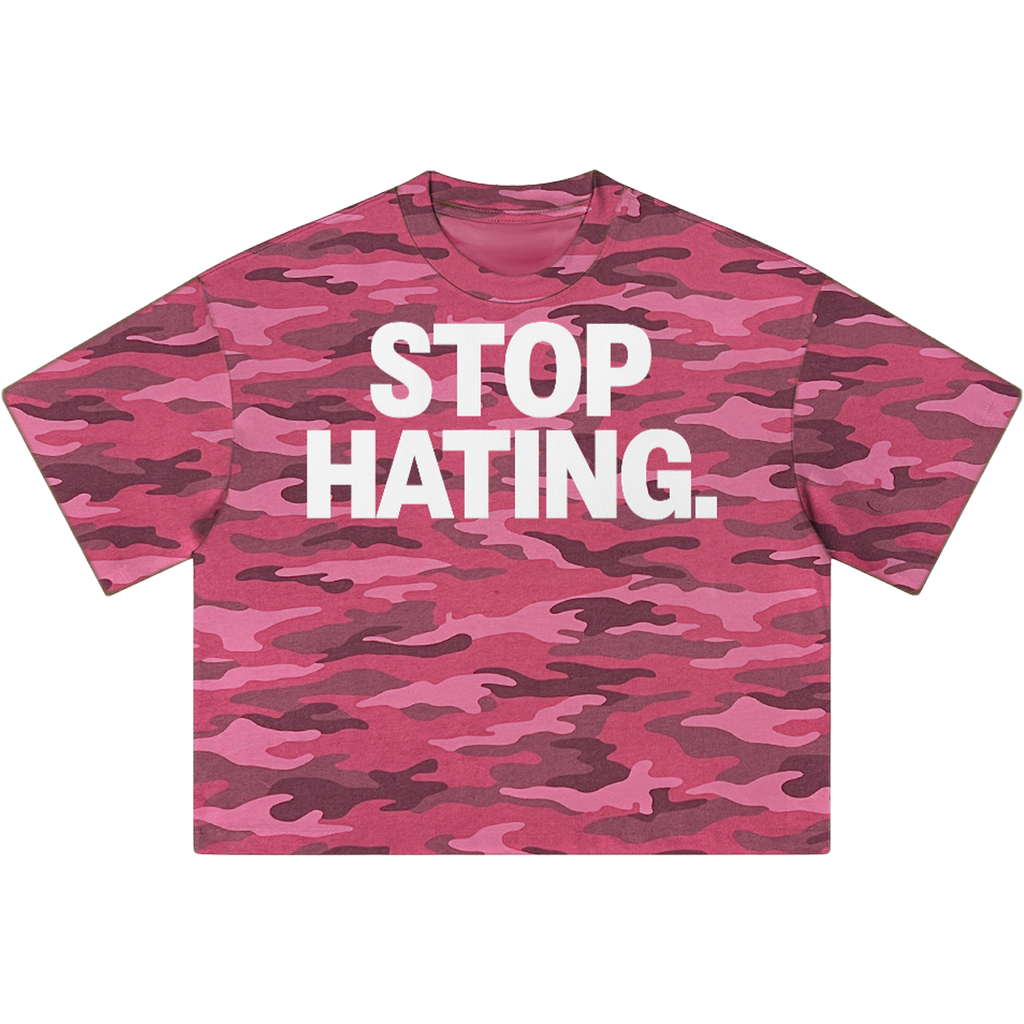 "STOP HATING" Urban Pink Camouflage Cropped Oversized Shirt Streetwear Boxy Tee