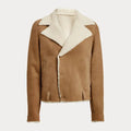Women's Tan Cropped Leather Jacket with Faux Shearling Lapels