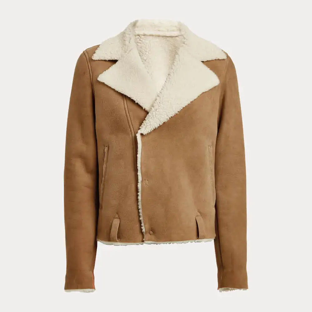 Women's Tan Cropped Leather Jacket with Faux Shearling Lapels
