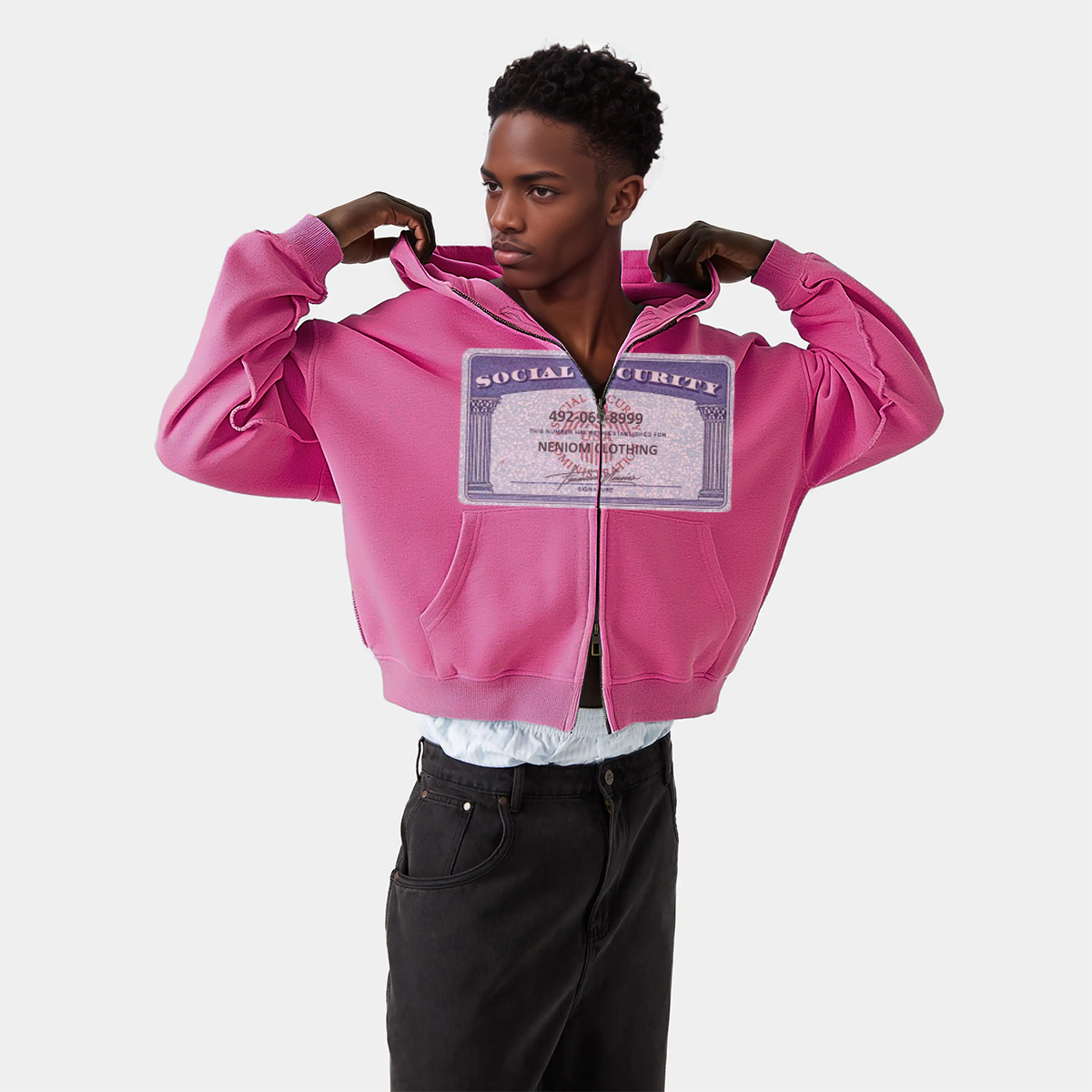 Social Security Card Cropped Double-Zip Boxy Hoodie | Streetwear Hoodies | Y2K Zip Ups | Unisex Graphic Zip Up| Oversized
