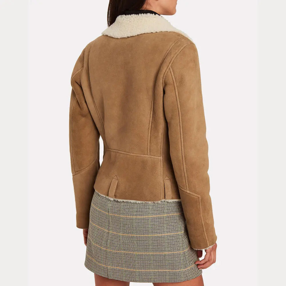 Women's Tan Cropped Leather Jacket with Faux Shearling Lapels