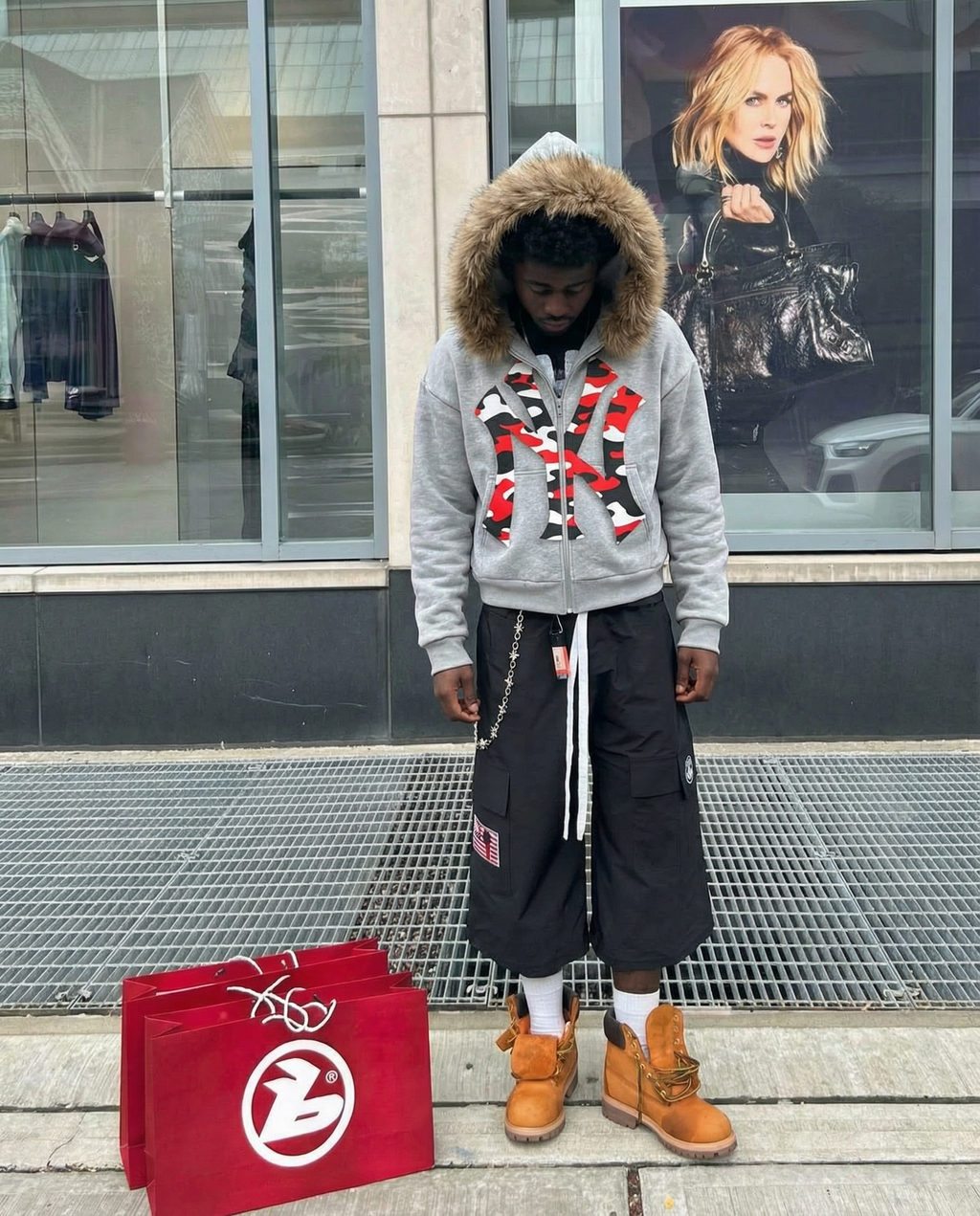 NY Red Camo Uptown Skyline Fur Detachable Zip Up Hoodie Y2K Loose Fit Cropped