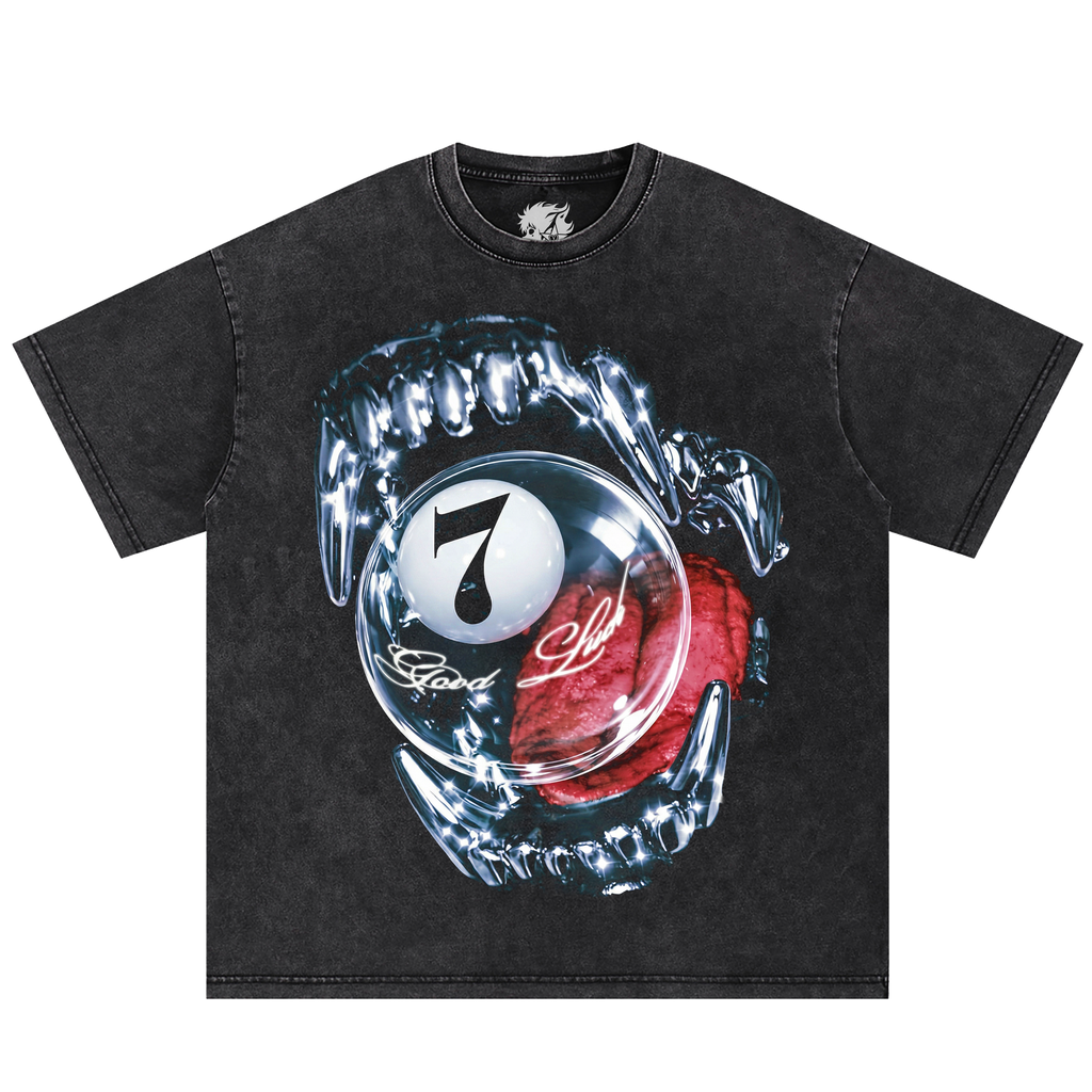 Lucky Seven Fate Graphic Tee Shirt Vintage Washed T-Shirt Streetwear Y2K Oversized