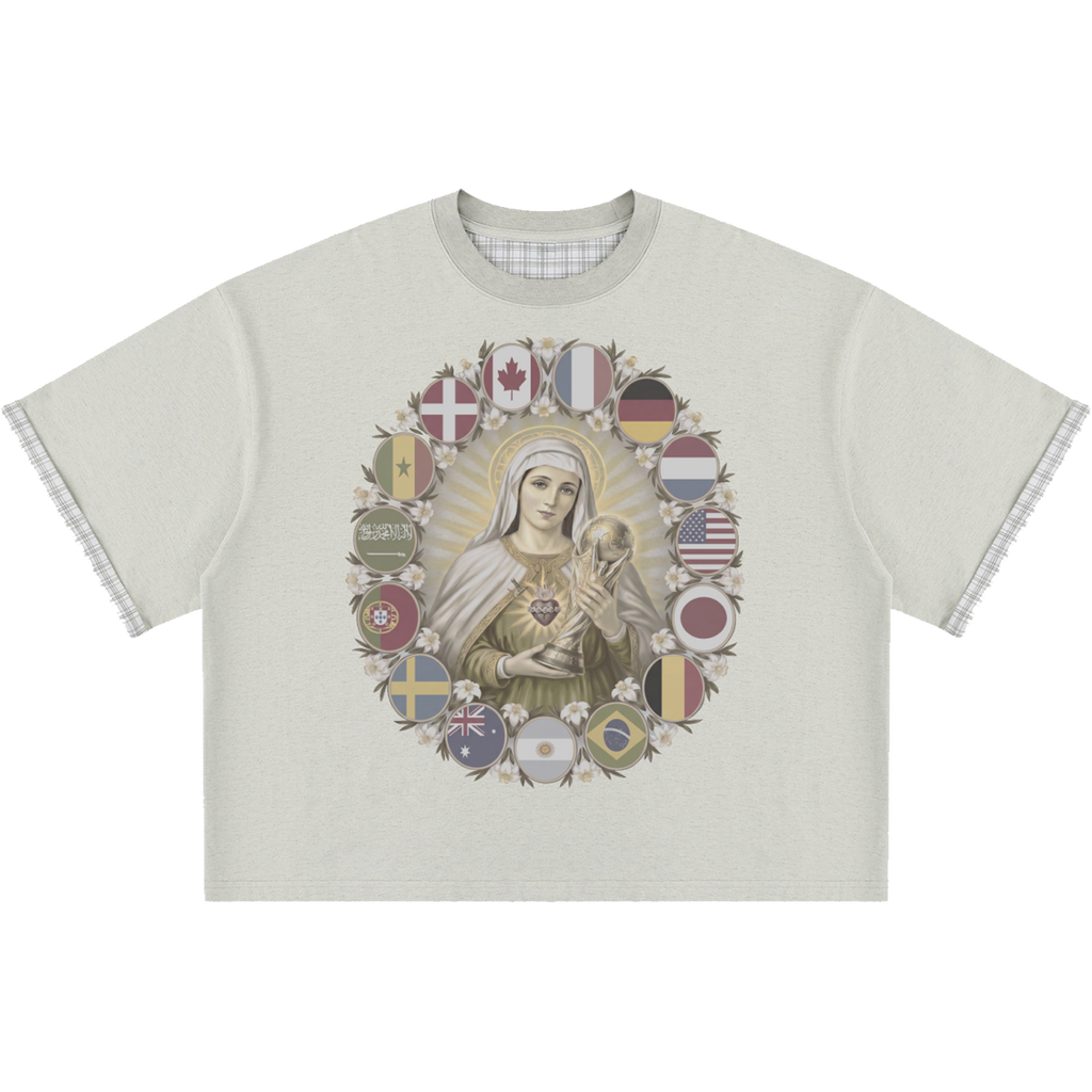 Virgin Mary World Cup Boxy Plaid Double Layered Light Olive T-Shirt Oversized Tee