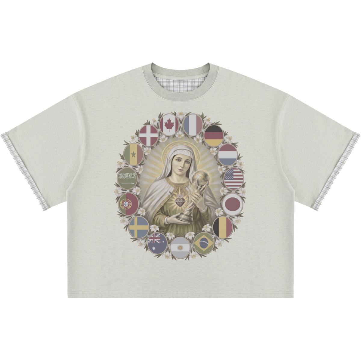 Virgin Mary World Cup Boxy Plaid Double Layered Light Olive T-Shirt Oversized Tee
