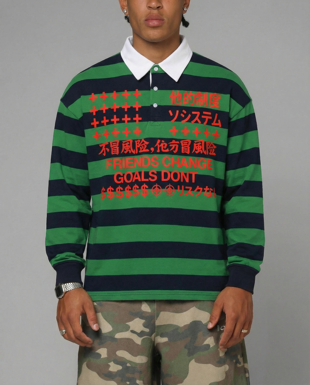 Friends Change, Money Don't Collared Color Block Stripe Polo Shirt Y2K Green / Navy Blue / Red