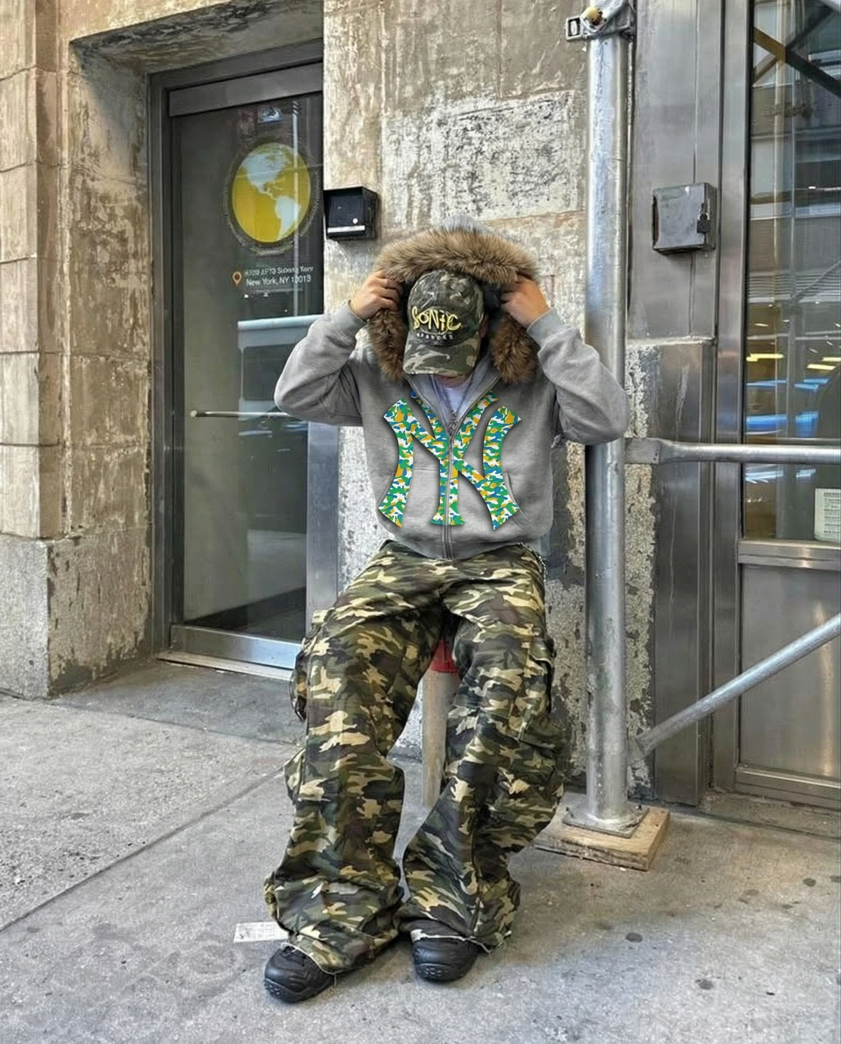 NY Teal Camo Uptown Skyline Fur Detachable Zip Up Hoodie Y2K Loose Fit Cropped