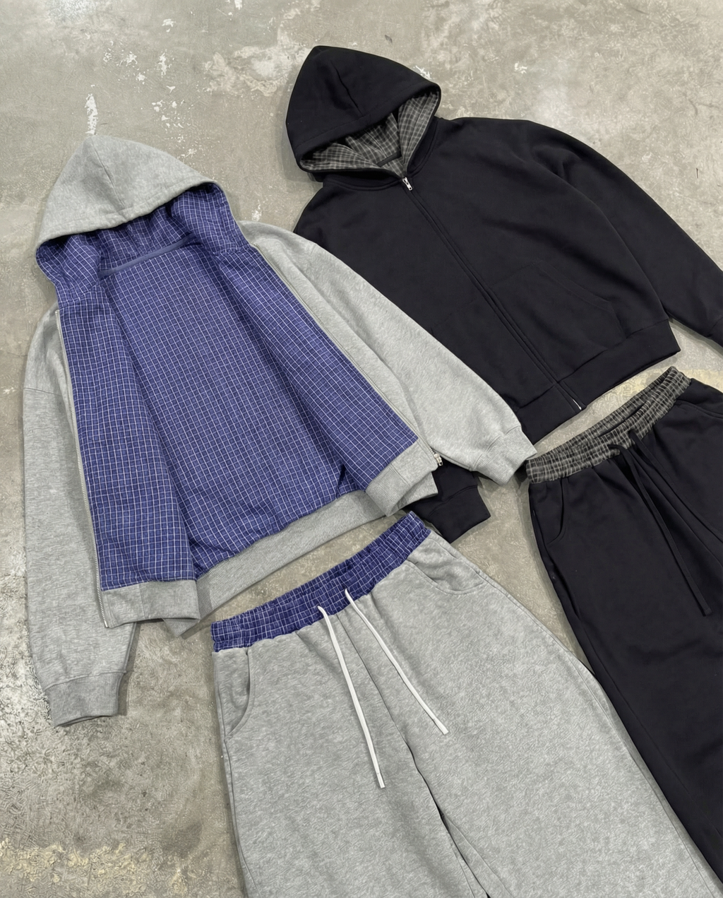 Lazy Boy Contrast Plaid Boxy Zip Up Gray Hoodie