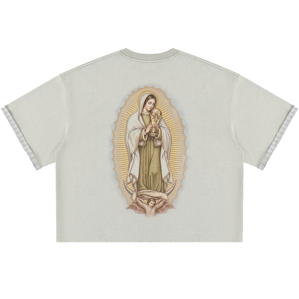 Virgin Mary World Cup Boxy Plaid Double Layered Light Olive T-Shirt Oversized Tee