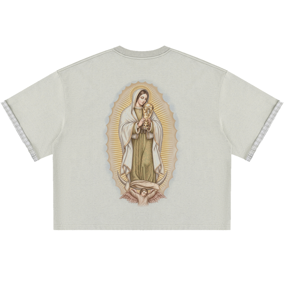 Virgin Mary World Cup Boxy Plaid Double Layered Light Olive T-Shirt Oversized Tee