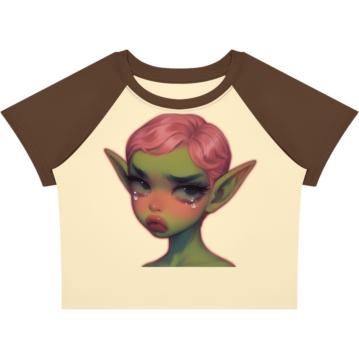 Crying Elf Girl Color-Block Raglan Crop Tee (Brown/Cream)