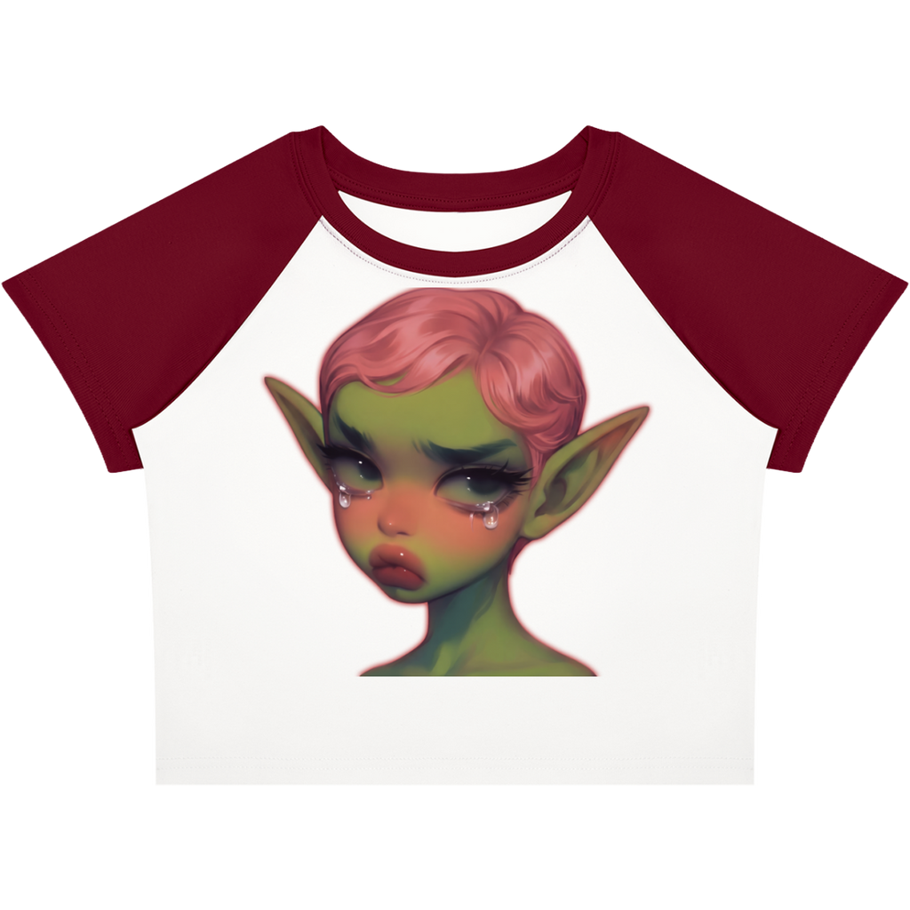 Crying Elf Girl Color-Block Raglan Crop Tee (Maroon/White)