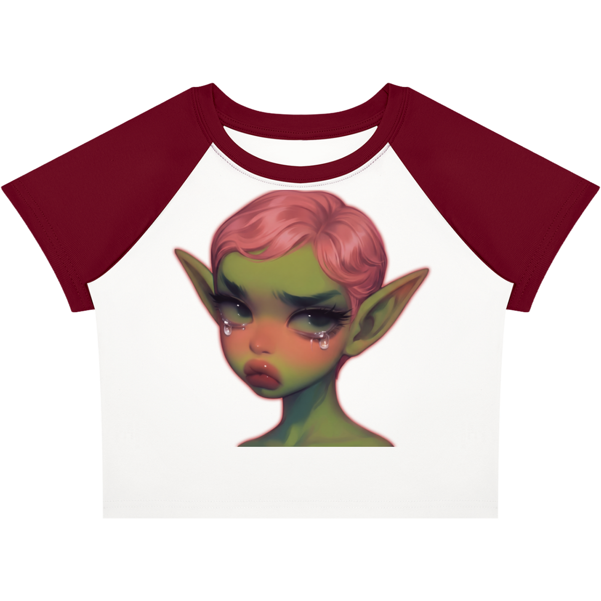 Crying Elf Girl Color-Block Raglan Crop Tee (Maroon/White)