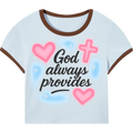 "God Always Provides" Airbrush Graphic Ringer Crop Tee (Light Blue)