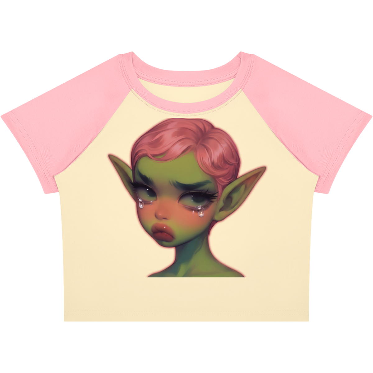 Crying Elf Girl Color-Block Raglan Crop Tee (Pink/Cream)