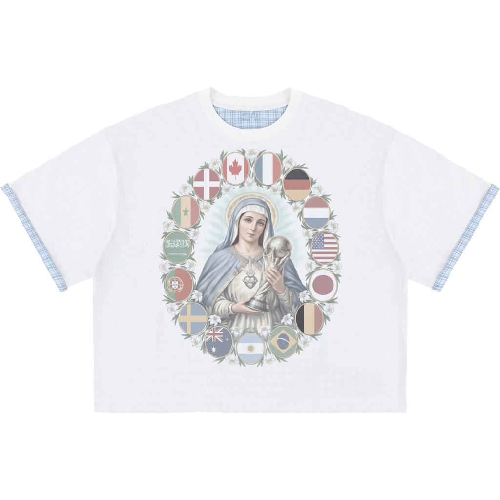 Virgin Mary World Cup Boxy Plaid Double Layered Godly Blue T-Shirt Oversized Tee