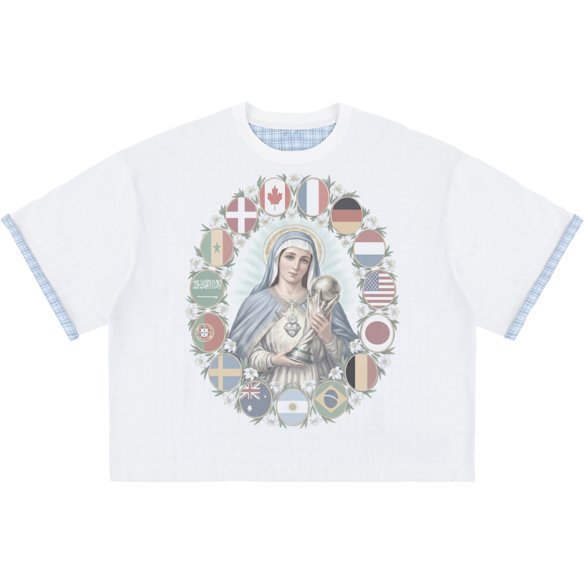 Virgin Mary World Cup Boxy Plaid Double Layered Godly Blue T-Shirt Oversized Tee