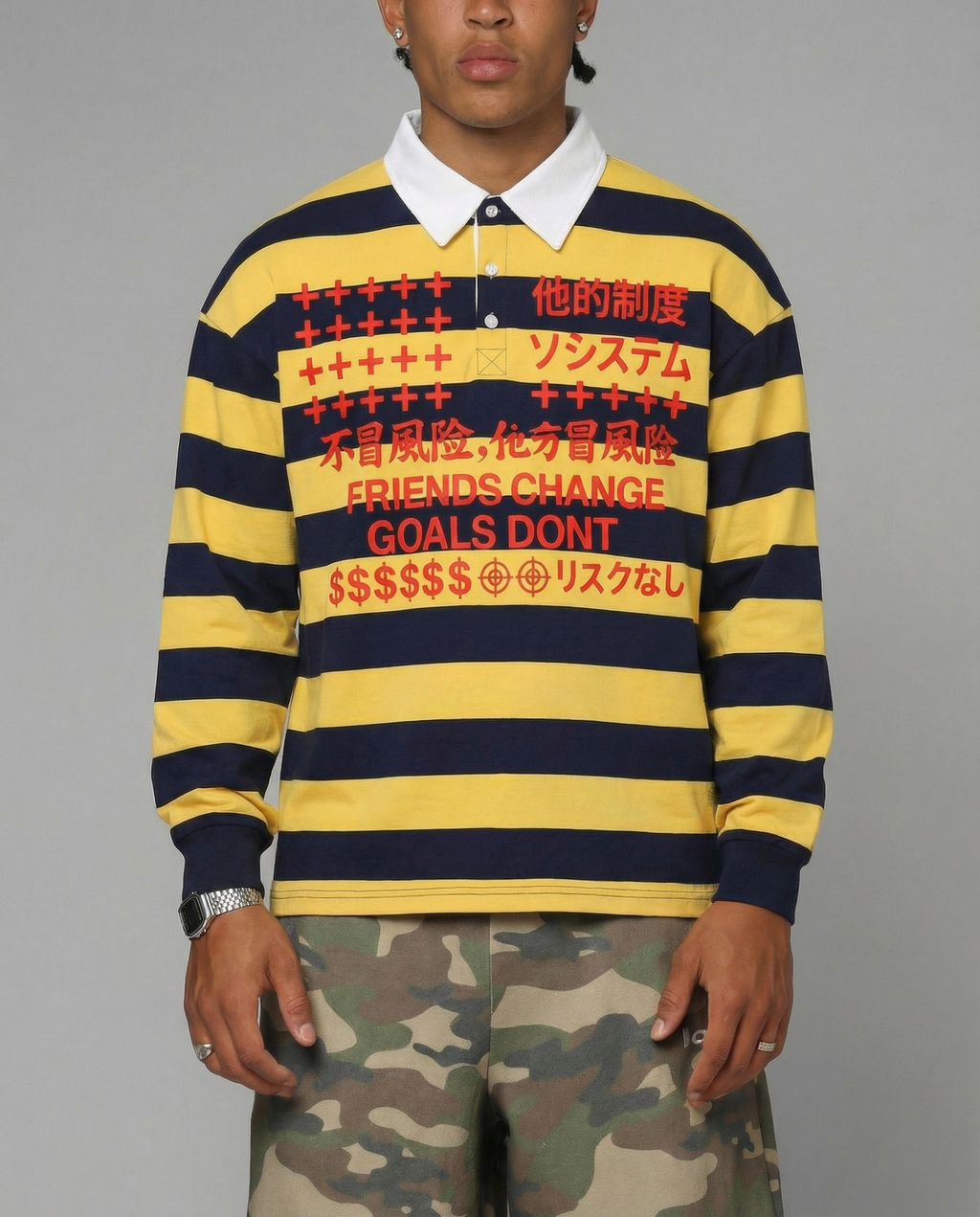 Friends Change, Money Don't Collared Color Block Stripe Polo Shirt Yellow / Navy Blue / Red