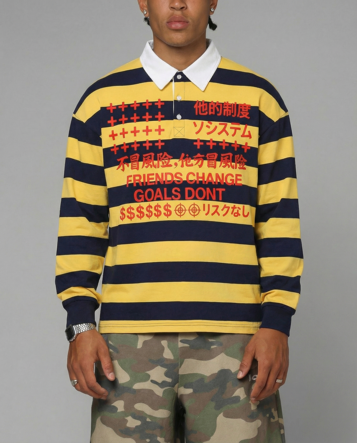 Friends Change, Money Don't Collared Color Block Stripe Polo Shirt Yellow / Navy Blue / Red
