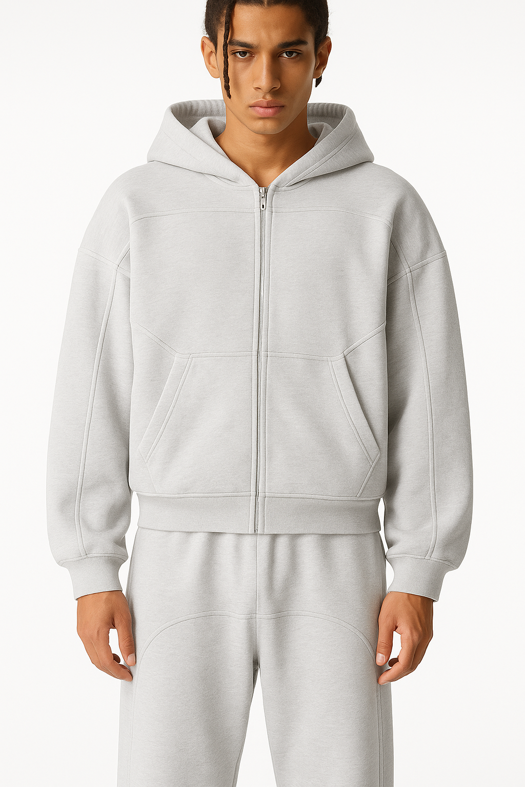 Phantom Core Grey Tracksuit Contrast-Stitched Boxy Fleece Zip Up Hoodie Streetwear Y2K