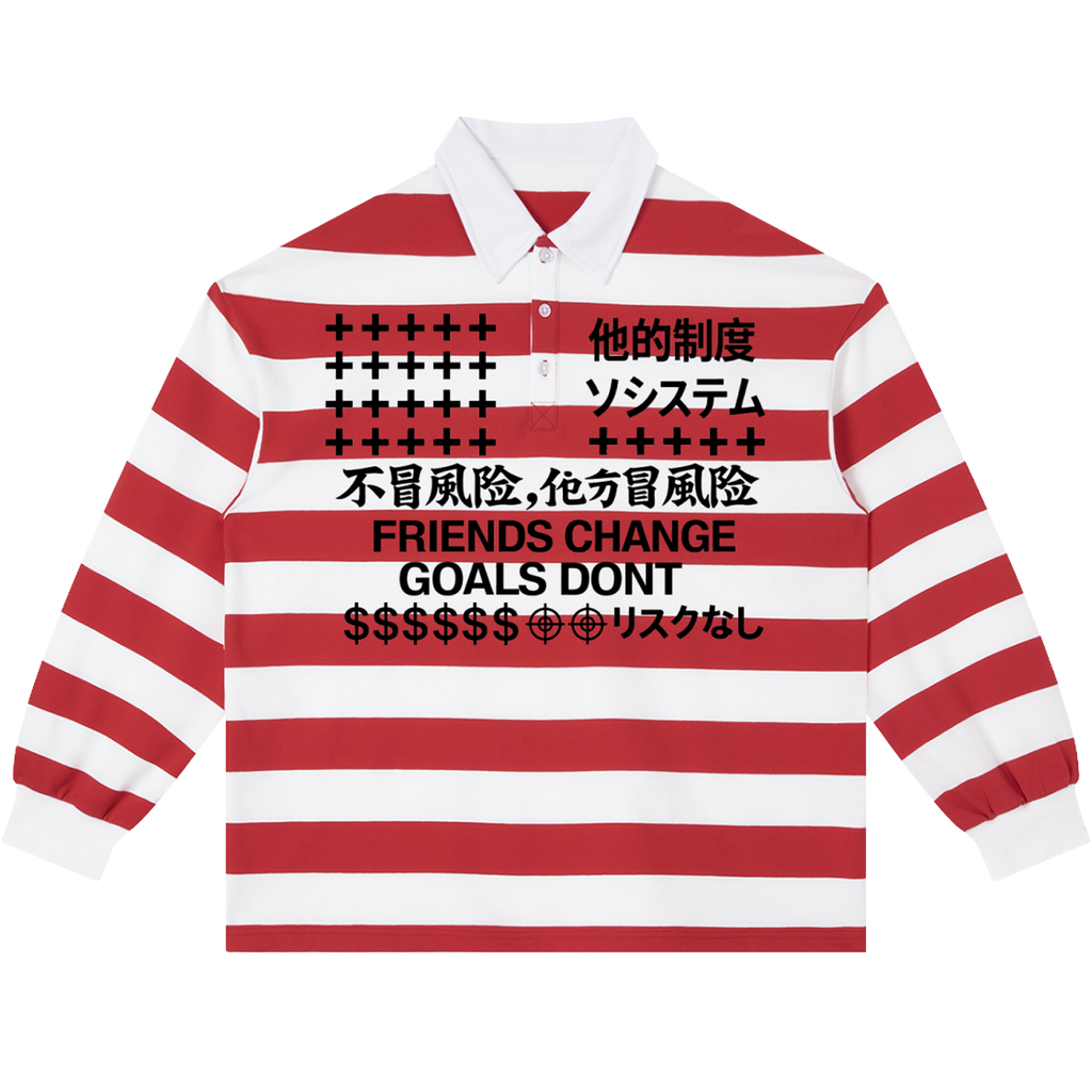 Friends Change, Money Don't Collared Color Block Stripe Polo Shirt Y2K White / Red / Black