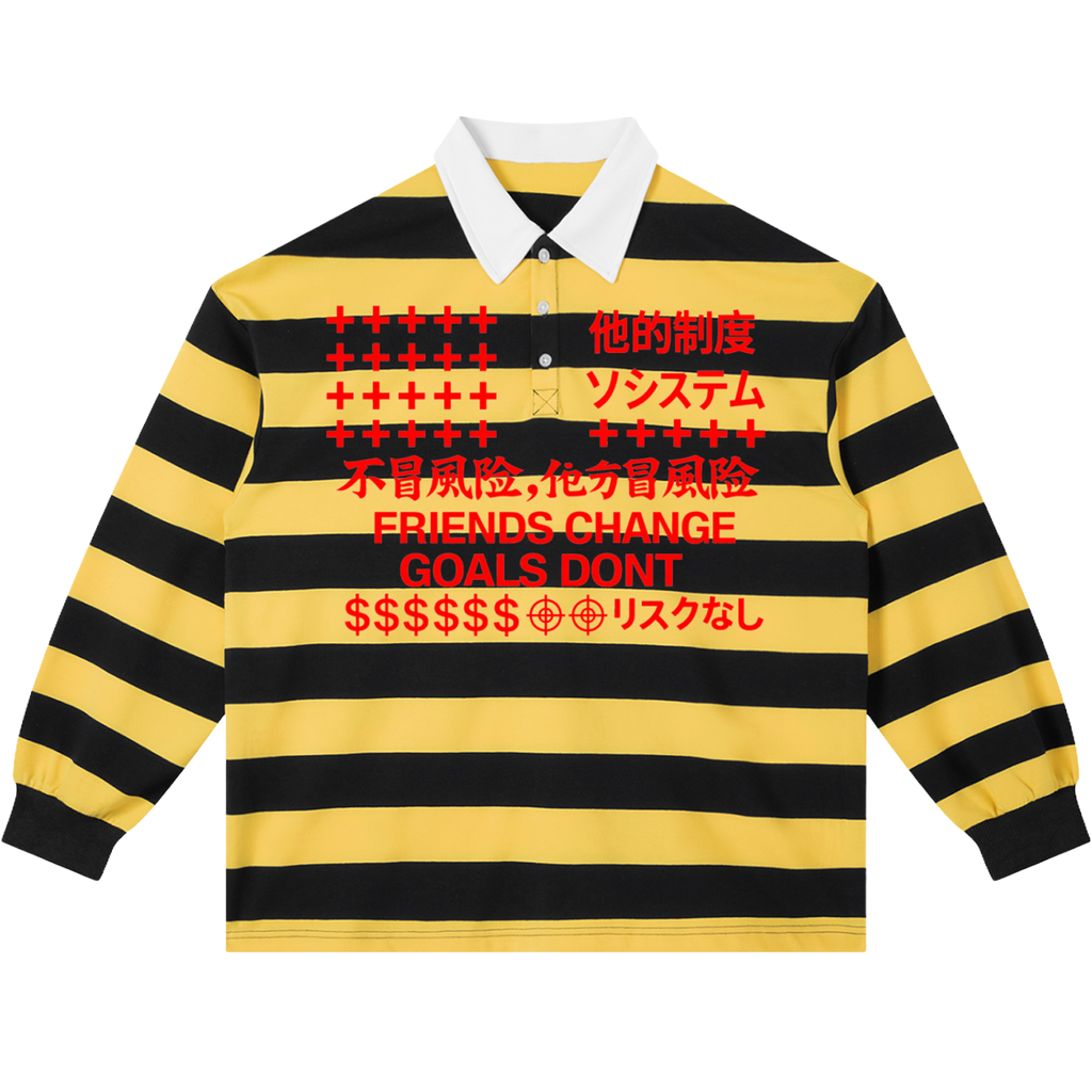 Friends Change, Money Don't Collared Color Block Stripe Polo Shirt Yellow / Navy Blue / Red