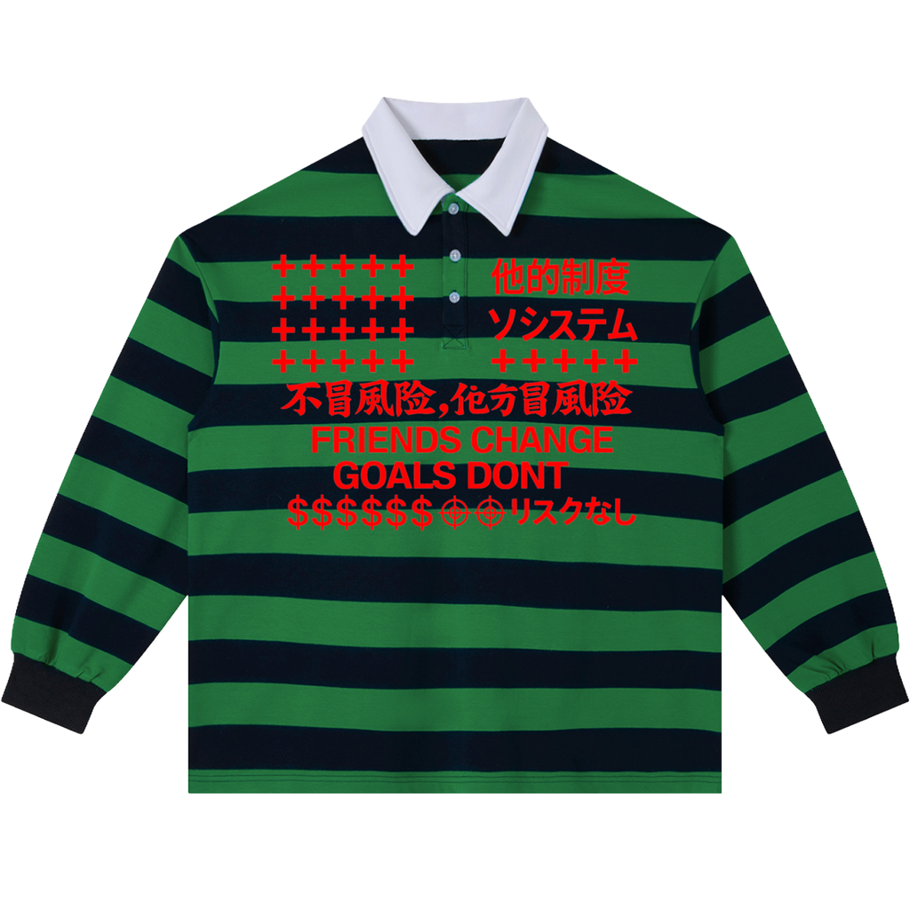 Friends Change, Money Don't Collared Color Block Stripe Polo Shirt Y2K Green / Navy Blue / Red