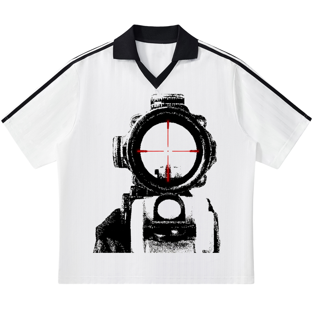 Crosshair Target Scope White Collar Striped Soccer Y2K Jersey