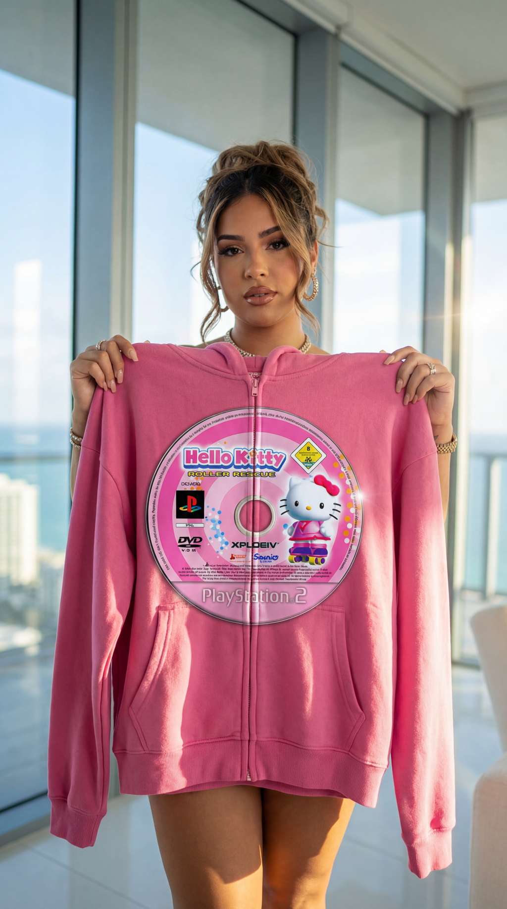 Hello Kitty Game Disc Cropped Zip-Up Boxy Hoodie | Streetwear Hoodies | Y2K Video Game Hooded Sweatshirt | Unisex Graphic Zip Ups | Oversized