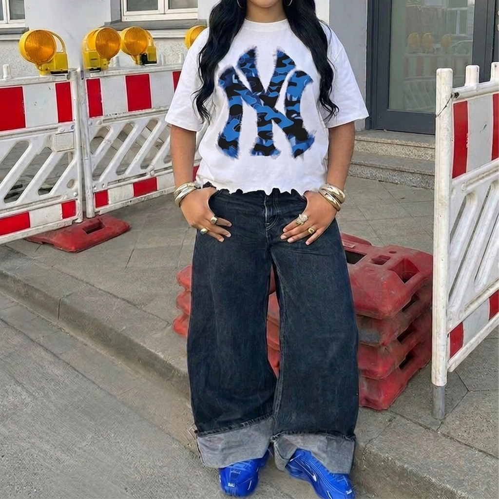 Destroyed NYC Inked Blue Camouflage Shirt Vintage Oversized Boxy T-shirt Graphic Y2K